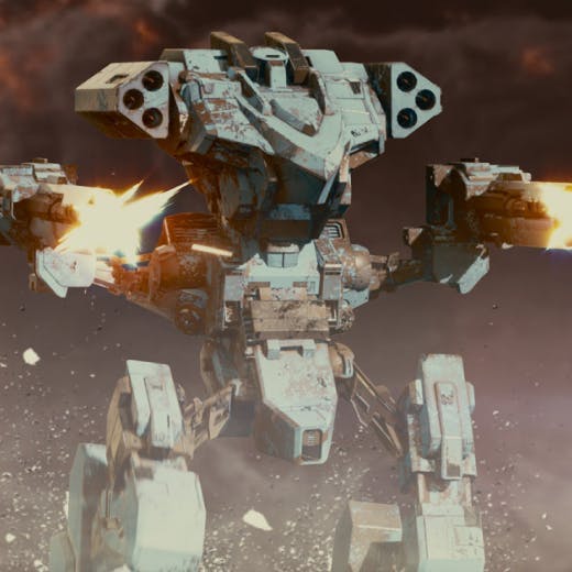 High-resolution Unreal Engine 5 visual from Web3.0 game Metalcore, depicting a massive bipedal mechanized combat vehicle firing its two arm-mounted high-caliber rifles while marching.
