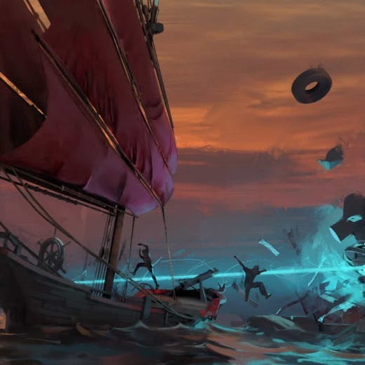 High-resolution concept art depicting a chaotic scene of a man leaping from an exploding ship into the ocean, from the Web3.0 game Sirocco by Lunchbox Entertainment.