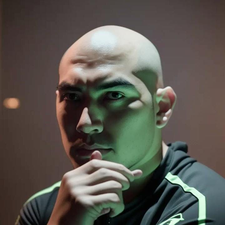 Perion eSports player TakeOutPlays, in team jersey, surrounded by green neon lighting, intently focused on an upcoming high-stakes gaming tournament.