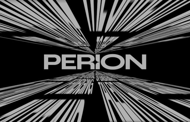 Image of the Perion logo appearing to 'pull in' an indecipherable text with the weight of the gravity of its central supernova-like star.