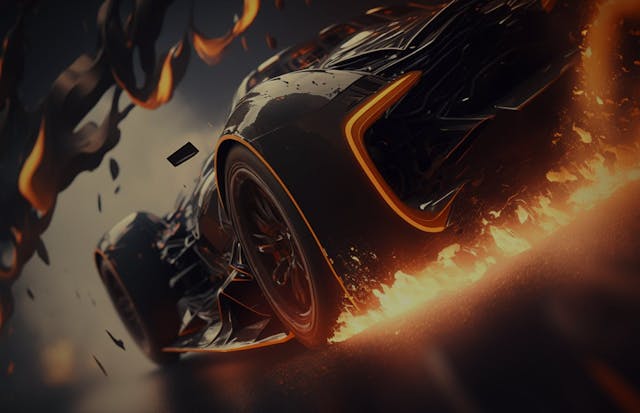 Image of a high-powered exotic sports car accelerating and shooting flames from its tires as it drives into the distance.