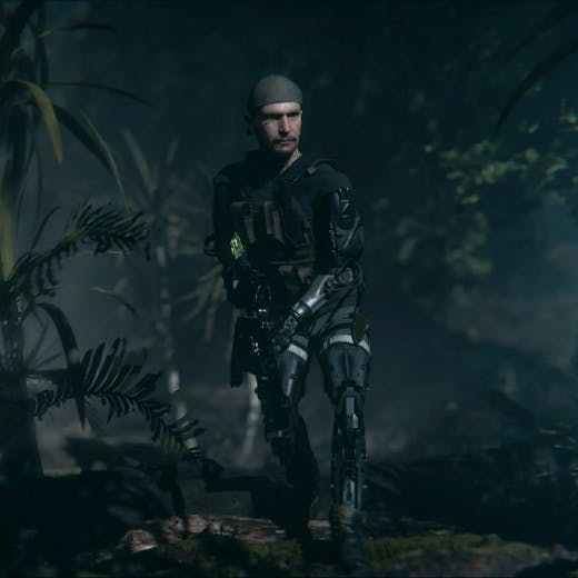 Haunting image of a bio-mechanically altered human in a dimly lit, dark jungle setting from the game Gunzilla: Off the Grid, rendered in Unreal Engine 5.