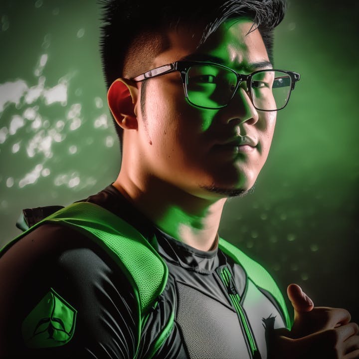 Perion eSports player Mapo Tofu, in team jersey, surrounded by green neon lighting, intently focused on an upcoming high-stakes gaming tournament.