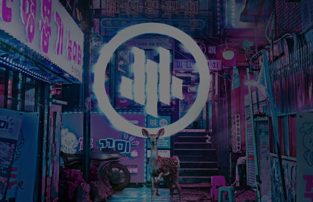 IImage of a vibrant Japanese alleyway illuminated by purple neon lights, featuring Japanese signs and deer, with a glowing white Perion logo prominently displayed at the end of the alley.