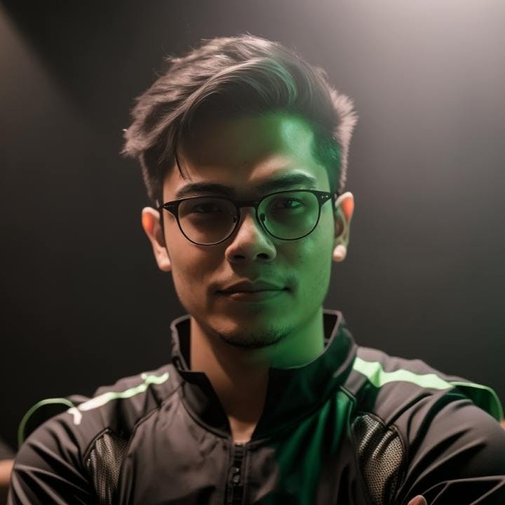 Perion eSports player Mitchybishi, in team jersey, surrounded by green neon lighting, intently focused on an upcoming high-stakes gaming tournament.
