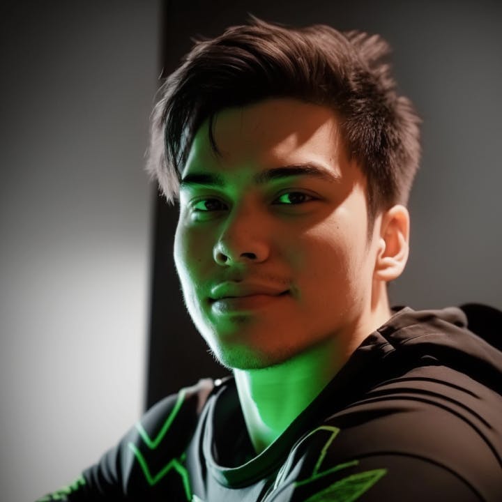 Perion eSports player Corongman, in team jersey, surrounded by green neon lighting, intently focused on an upcoming high-stakes gaming tournament.