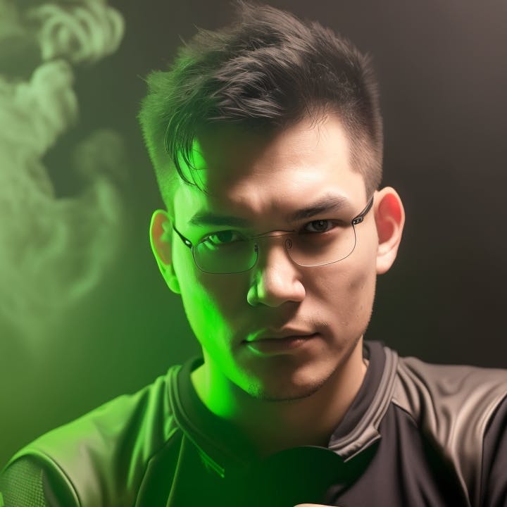 Perion eSports player AweHeal, in team jersey, surrounded by green neon lighting, intently focused on an upcoming high-stakes gaming tournament.