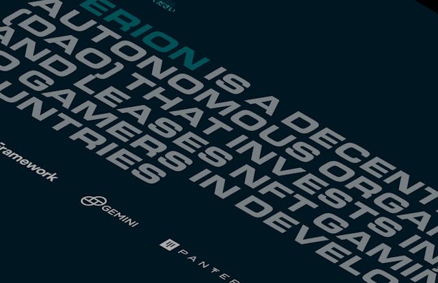 Closeup image taken from a Perion pitch deck, featuring bold lettering and the logos of Pantera Capital, Gemini Exchange, and Framework Ventures."
